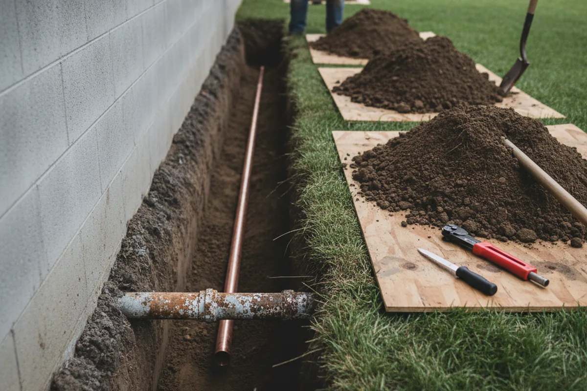 Excavated water line trench during Water Heater Repair in Bonita Springs